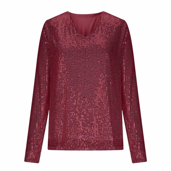 Arlun V-Neck Glitter Tops for Women Relaxed Fit Long Sleeve T-Shirts Sparkly Evening Sequin Blouse 2026 Soft Comfort Fashion Carnival Party Solid Color Outfits Red XXL