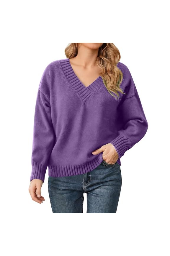V-Neck Sweaters for Women Soft Long Sleeve Versatile Knitted Sweater Casual Loose Fit Solid Color Drop Shoulder Pullover Tops Autumn and Winter Going out Clothes Purple XXL