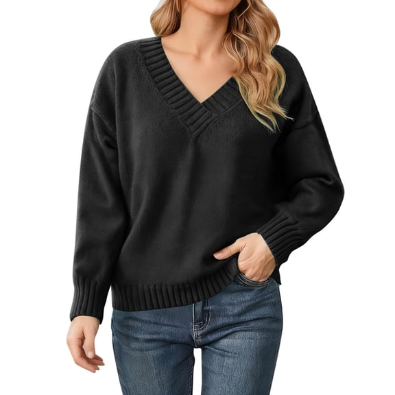 Arlun V-Neck Sweaters for Women Soft Long Sleeve Versatile Knitted Sweater Casual Loose Fit Solid Color Drop Shoulder Pullover Tops Autumn and Winter Going out Clothes GY2 XL
