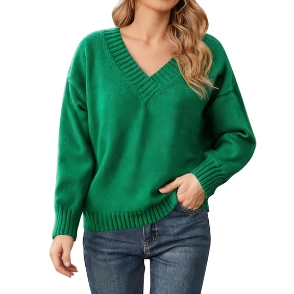 Arlun V-Neck Sweaters for Women Soft Long Sleeve Versatile Knitted Sweater Casual Loose Fit Solid Color Drop Shoulder Pullover Tops Autumn and Winter Going out Clothes Green L
