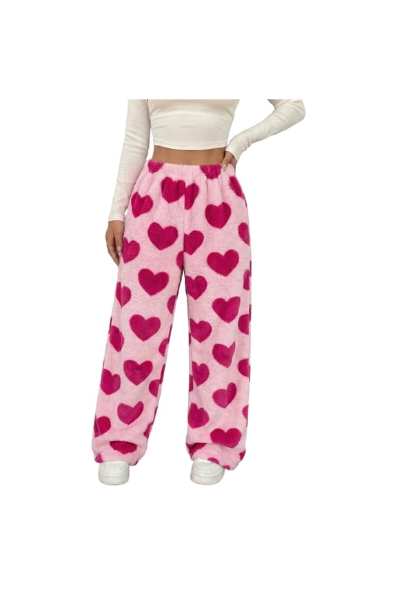 Valentine's Day Heart Print Flannel Pants for Women Fuzzy Soft Cozy Winter Warm Casual Wide Leg Trousers Elastic Waisted Loose Fit Comfort Loungewear with Pockets Red XXL