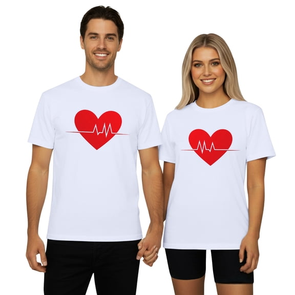 Arlun Valentine's Day Matching Couple T-Shirts Heartbeat Graphic Crewneck Short Sleeve Tees for Men Women Husband Wife Soft Comfortable Funny Love Printed Casual Tops 1-White XXL