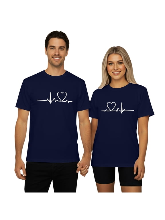 Valentine's Day Matching Couple T-Shirts Heartbeat Graphic Crewneck Short Sleeve Tees for Men Women Husband Wife Soft Comfortable Funny Printed Casual Tops 2-Navy L