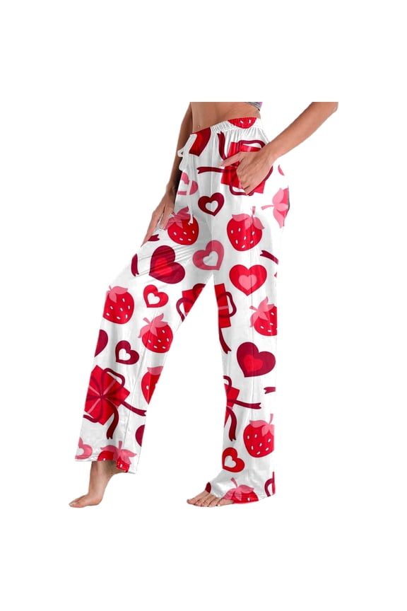 Valentine's Day Print Casual Pants Women's Soft Elastic Waist Comfort Loose Fit Home Wear Trousers Cute Heart Graphic Loose Wide Leg Bottoms with Pockets Loungewear 1-White XXL