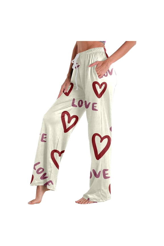 Valentine's Day Print Casual Pants Women's Soft Elastic Waist Comfort Loose Fit Home Wear Trousers Cute Heart Graphic Loose Wide Leg Bottoms with Pockets Loungewear 2-Beige S