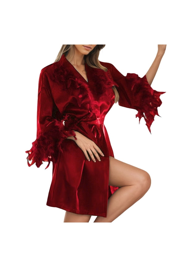 Valentine's Day Silk Satin Feather Trim Long Sleeve Short Robes Fashion Solid Color Lightweight Comfy Bathrobe Bridal Short Dressing Gowns Party Nightgown Sleepwear XXL