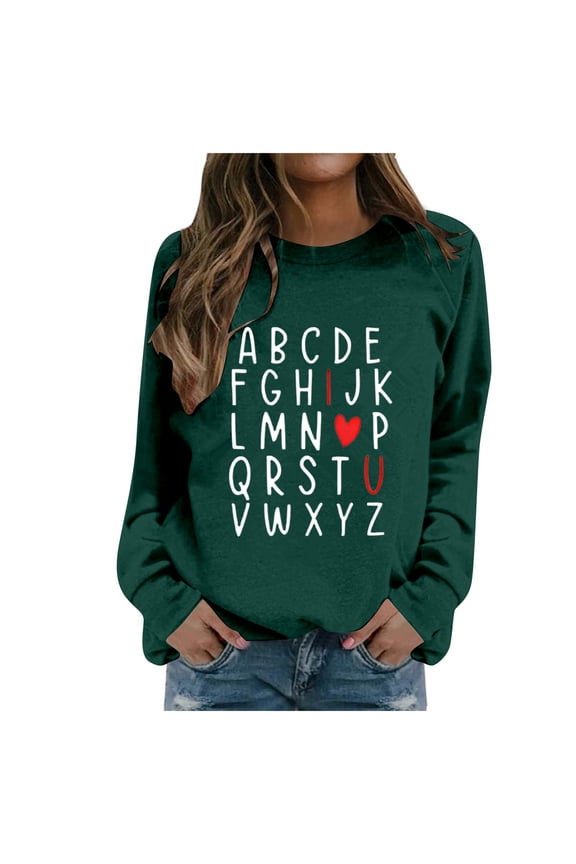 Valentine's Day Sweatshirts Womens Funny 26-Letter Print I Love You Long Sleeve Graphic Shirts Lightweight Comfy Fashion Holiday Round Neck Pullover Tops Green S