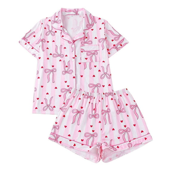 Arlun Valentine's Day Womens Pajama Sets Cute Pink Bow Graphic Print Short Sleeve Button up Shirts and Loose Shorts Sleepwear 2 Piece Lightweight Soft Comfy Pjs Set 2-Pink XL
