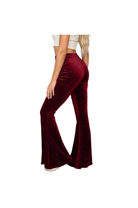 Velvet Sequin Flare Pants for Women Mardi Gras Stretchy High Waisted Bell Bottom Trousers Soft Comfort Solid Color Palazzo Bottoms for Carnival Bottoms M