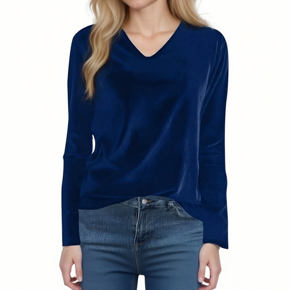 Arlun Velvet Tops for Women Dressy Casual V-Neck Long Sleeve T-Shirts Loose Fit Vintage Solid Color Soft Comfortable Velour Blouse Fashion Holiday Party Outfits Blue M