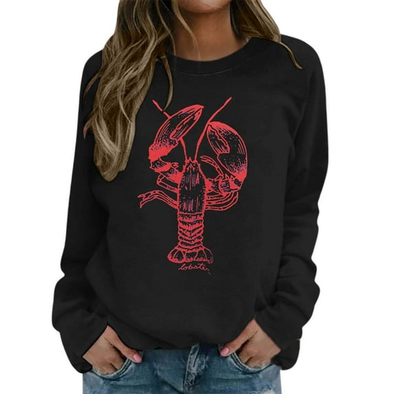 Arlun Vintage Graphic Crewneck Sweatshirt for Women Large Lobster Sardine Printed Sweatshirts Soft Comfortable Long Sleeve Hoodless Pullover Fall Tops Black L