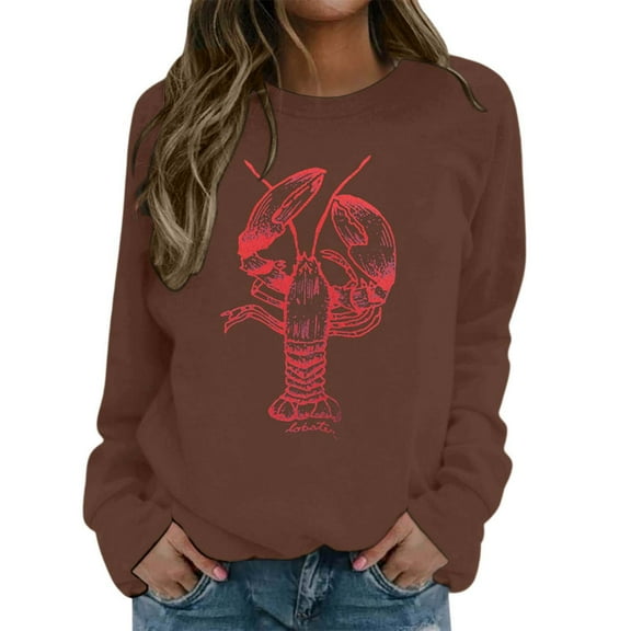 Arlun Vintage Graphic Crewneck Sweatshirt for Women Large Lobster Sardine Printed Sweatshirts Soft Comfortable Long Sleeve Hoodless Pullover Fall Tops Coffee L