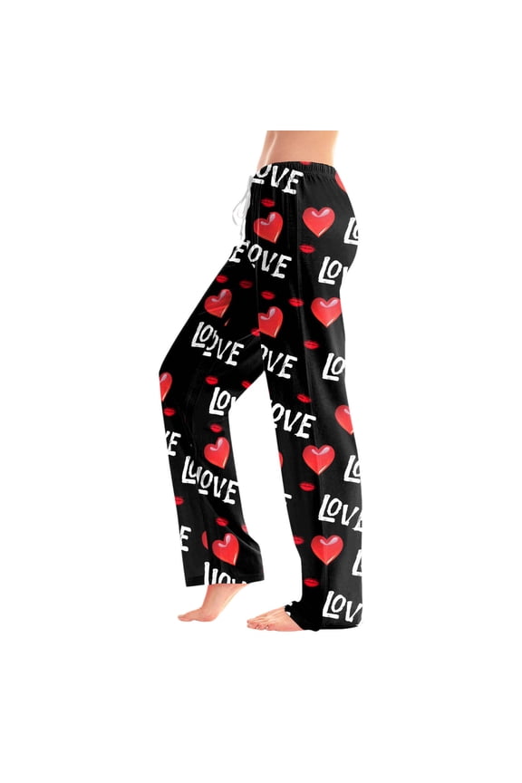 Wide Leg Pants for Women Fashionable Love Heart Print Drawstring Elastic Waist Casual Trousers Ladies Valentine's Day Gift Lightweight Soft Comfort Loungewear Sleepwear 1-Black XXL
