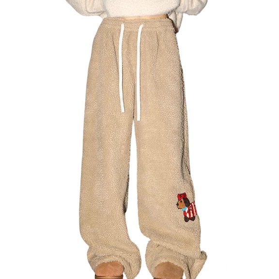 Arlun Wide Leg Warm Sherpa Pants Y2k Womens Winter Thick Fleece Baggy Long Pants Cute Dachshund Embroidery Elastic Waist Drawstring Streetwear Trousers 2025 Stylish Outfits Khaki XXL