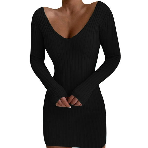 Arlun Winter Bodycon Knit Mini Sweater Dress for Women Fall V-Neck Long Sleeves Thin Tight Dresses Soft Comfort Warm Lightweight Short Dressy Black XXL