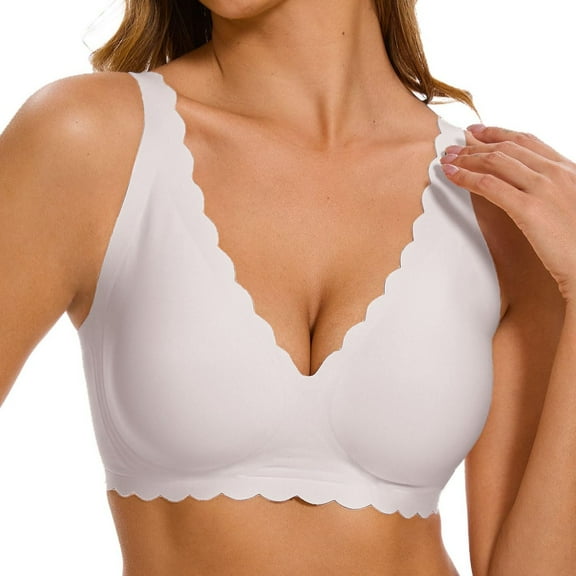 Arlun,Wireless Deep V Scalloped Bras Smooth Seamless No Underwire Thin Bra Push up Lift Full Coverage Bralettes for Small Soft Lightweight Everyday Wear White (46/105BCD ) 3DXLE=3XL
