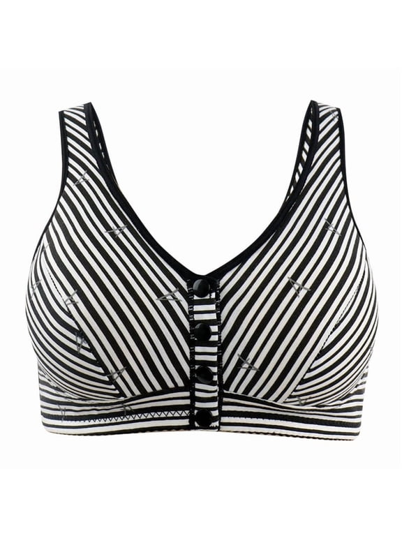 Wireless Front Closure Bras for Women No Underwire Push up Stripe Print Bras Lightweight Breathable Full Coverage Soft Comfort Snap Closing One-Piece Fixed Bralettes Black 52