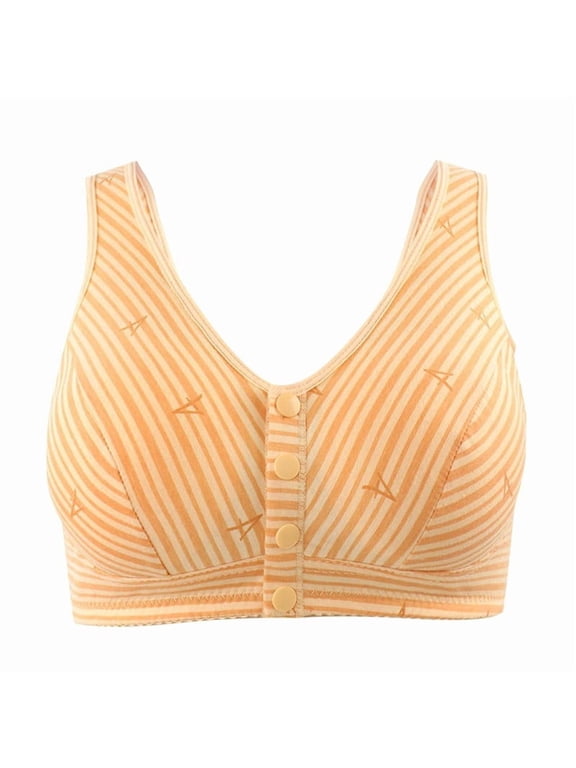 Wireless Front Closure Bras for Women No Underwire Push up Stripe Print Bras Lightweight Breathable Full Coverage Soft Comfort Snap Closing One-Piece Fixed Bralettes Beige 58