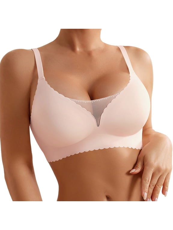 ,Wireless Seamless Bras for Women Push up Supportive Deep V Sexy Bra No Underwire - Padded No Wire Mesh Lace Splicing Scalloped Comfort Breathable Bralette Light Pink L