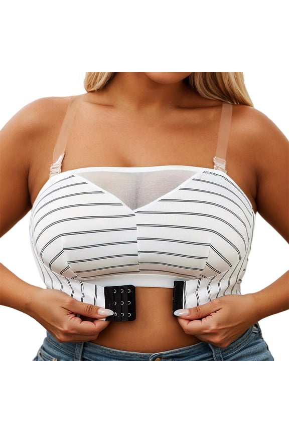 ,Wireless Strapless Bras for Women Trendy Front Closure Full Coverage Bra Plus Size Wire-Free Striped Printed Bralettes with Removable Transparent Straps White 0XL