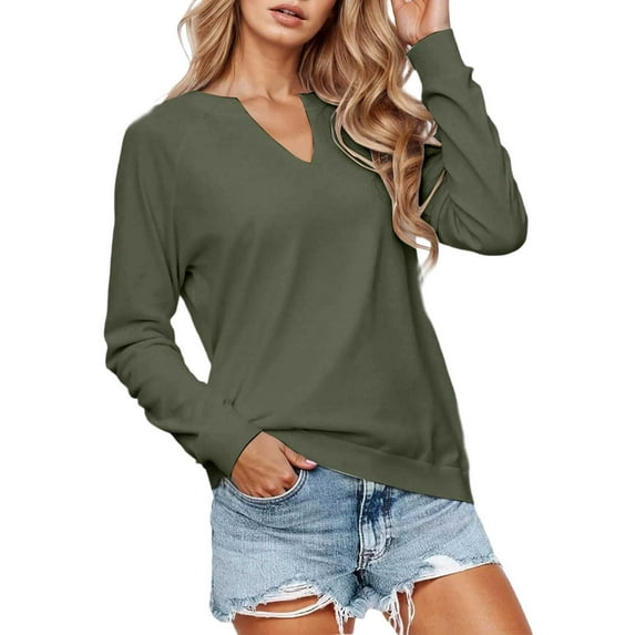 Arlun Women Casual Long Sleeve V-Neck Sweatshirts Solid Color Loose Fit Lightweight Pullover Tops Soft Comfortable Basic Leisure Hoodless Sweatshirts Yellow XL