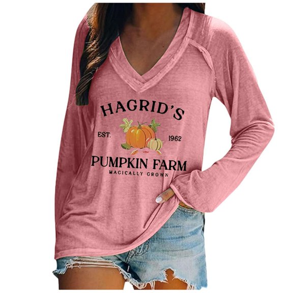 Arlun,Women Funny Halloween Long Sleeve V-Neck T Shirts Cute Ghost Pumpkin Graphic Printed Tshirts Tops Lightweight Loose Comfy Oversized Workout T Shirts Pink2 XXXL