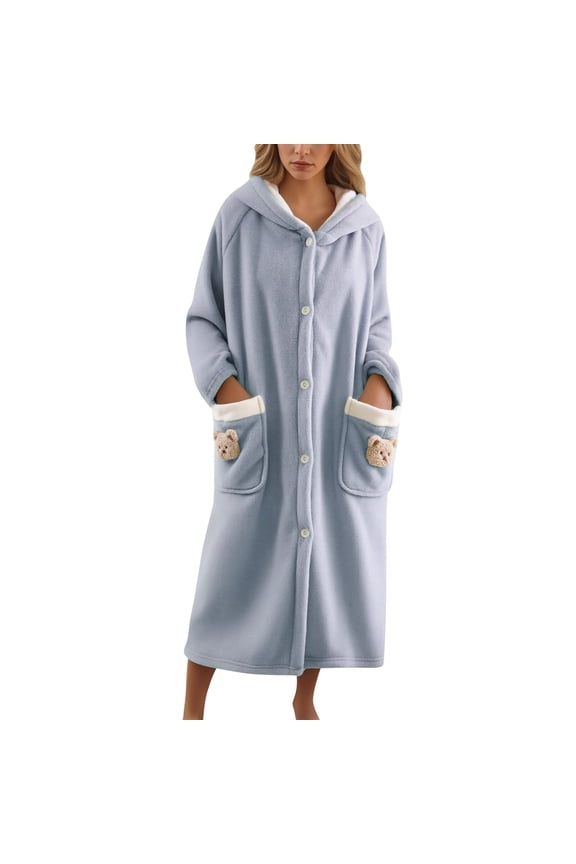 Women Fuzzy Plush Robes with Cute Bear Pocket Winter Warm Soft Over the Knee Length House Coat Long Sleeve Button down Comfortable Loungewear with Hood 1-Blue M