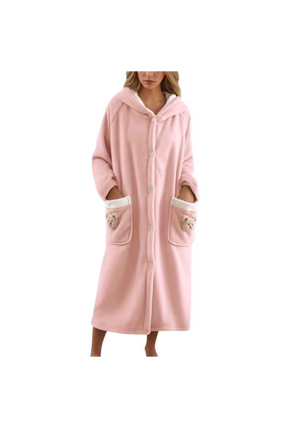 Women Fuzzy Plush Robes with Cute Bear Pocket Winter Warm Soft Over the Knee Length House Coat Long Sleeve Button down Comfortable Loungewear with Hood 1-Pink M