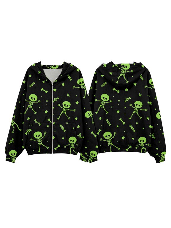 Women Halloween Dancing Skeleton Print Zip up Hoodies Casual Loose Lightweight Long Sleeve Full Zipper Fall Winter Jacket Festival Party Oversized Hooded Sweatshirts 1-Green M