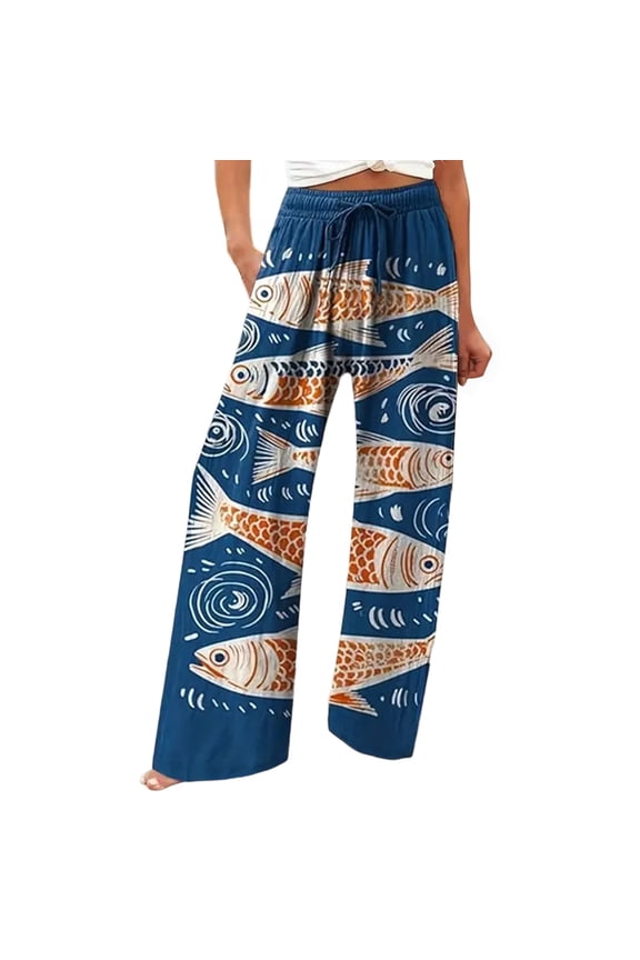 Women Linen Wide Leg Casual Pants Trendy Graphic Printed Lightweight Drawstring Elastic Waisted Holiday Flowy Pants Soft Comfortable Beach Palazzo Pants Orange M