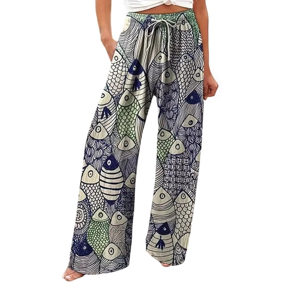 Arlun Women Linen Wide Leg Casual Pants Trendy Graphic Printed Lightweight Drawstring Elastic Waisted Holiday Flowy Pants Soft Comfortable Beach Palazzo Pants Purple XL