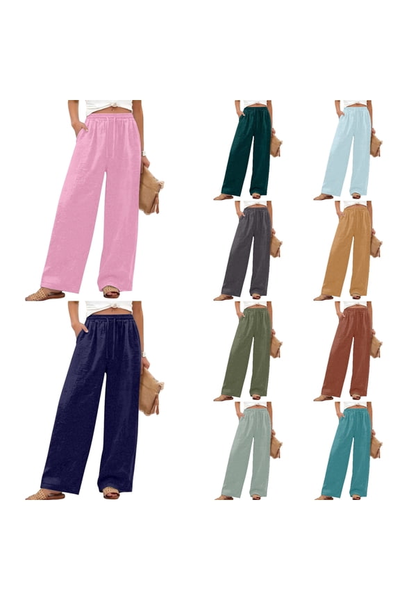 Women Plus Size Linen Palazzo Pants Summer Loose Straight Leg Casual Long Pant Elastic Waisted Solid Color Trousers with Pockets Comfortable Versatile Daily Wear 1-Brown XXXL