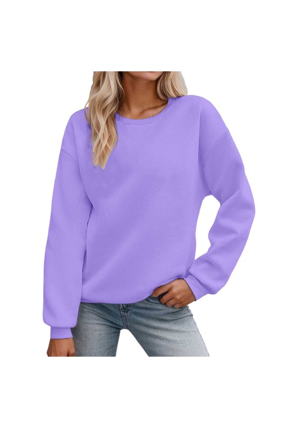 ,Women Solid Color Sweatshirt Long Sleeve Crewneck Pullovers Relaxed Fit Soft Comfy Hoodless 2044 Spring Fall Basic Casual Tops Purple S