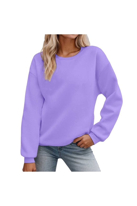 ,Women Solid Color Sweatshirt Long Sleeve Crewneck Pullovers Relaxed Fit Soft Comfy Hoodless 2045 Spring Fall Basic Casual Tops Purple XL