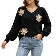 Arlun Women V-Neck Ribbed Knit Sweaters Elegant 3D Flower Applique Drop Shoulder Long Sleeve Loose Pullover Lantern Sleeved Casual Fall Winter Knitted Tops 1-Black XL
