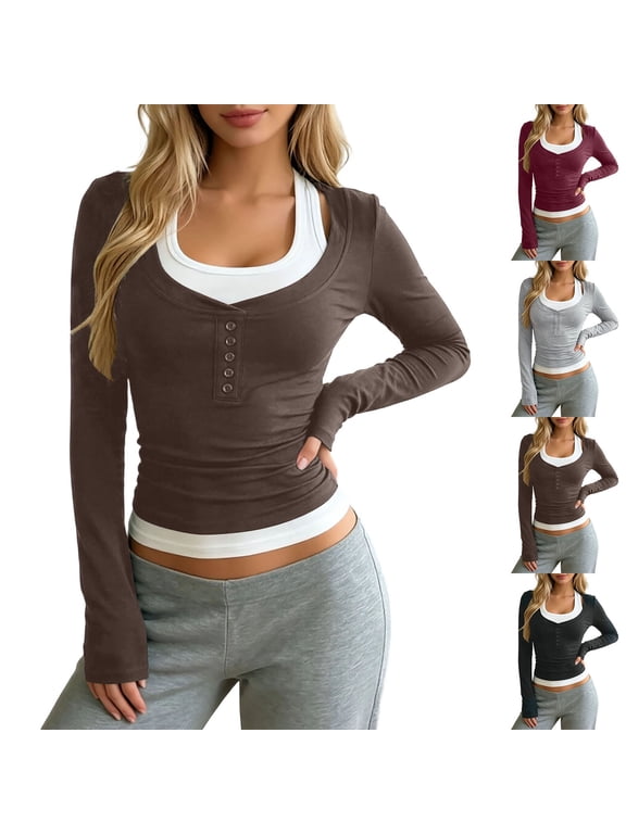 Women's 2 in 1 Long Sleeve T Shirts Y2k Halter Neck Slim Fitted Going out Tops 2026 Fall Lightweight Soft Comfort Stylish Color Block Tight Tshirt for Daily Wear 1-Red XXL