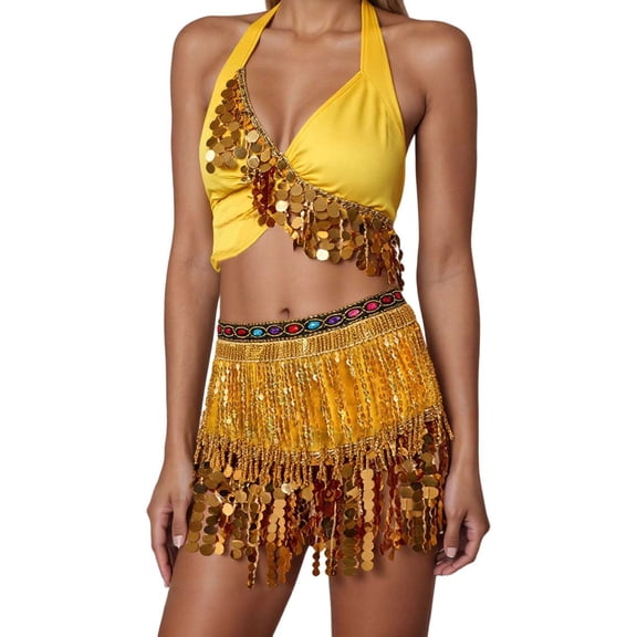 Arlun Women's 2 Piece Belly Dance Skirts Sequins Tassel Scarf Short Skirt with Halter Sleeveless Tops Set Latin Dance Carnival Party Fashion Outfits 3-Gold One Size