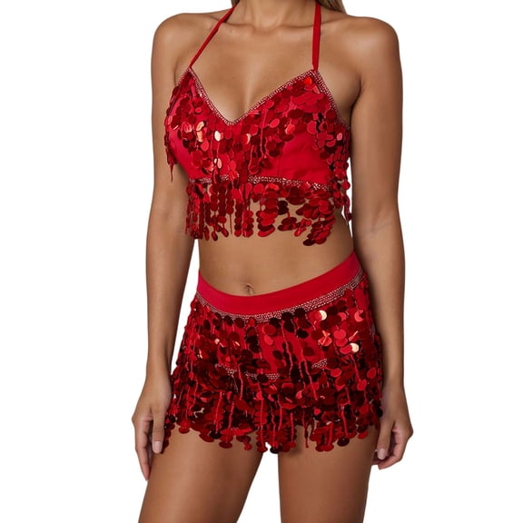 Arlun Women's 2 Piece Belly Dance Skirts Sequins Tassel Scarf Short Skirt with Halter Sleeveless Tops Set Latin Dance Carnival Party Fashion Outfits 4-Red One Size