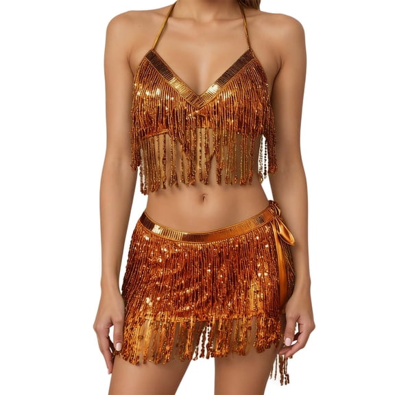Arlun Women's 2 Piece Belly Dance Skirts Sequins Tassel Scarf Short Skirt with Halter Sleeveless Tops Set Latin Dance Carnival Party Fashion Outfits 5-Orange One Size