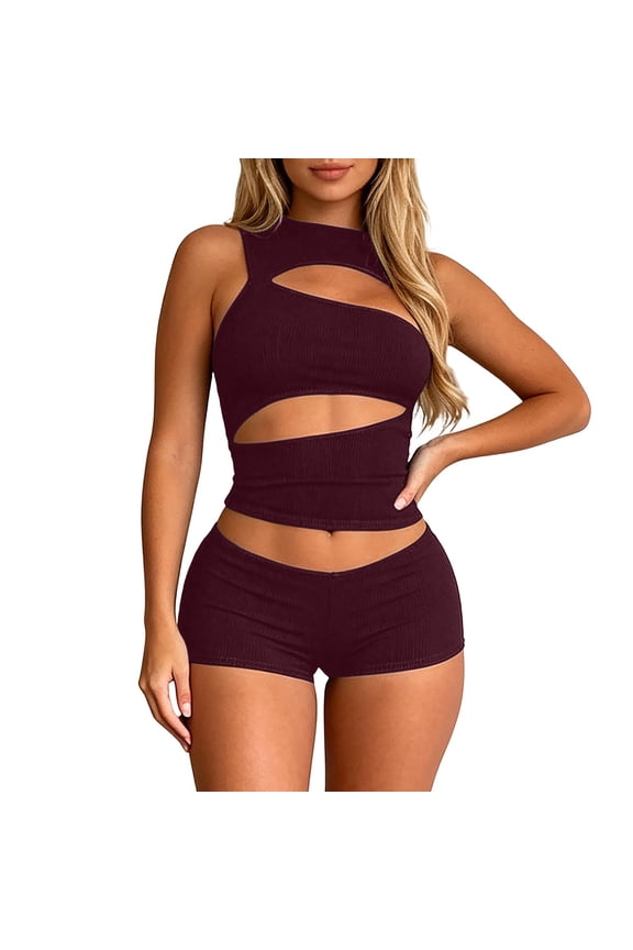 Women’s 2 Piece Outfits Sleeveless Crew Neck Cut out Crop Top Bodycon Shorts Set Y2k Solid Color Stretchy Slim Fitted Summer Matching Sets for Night out Club Party Wear Wine S