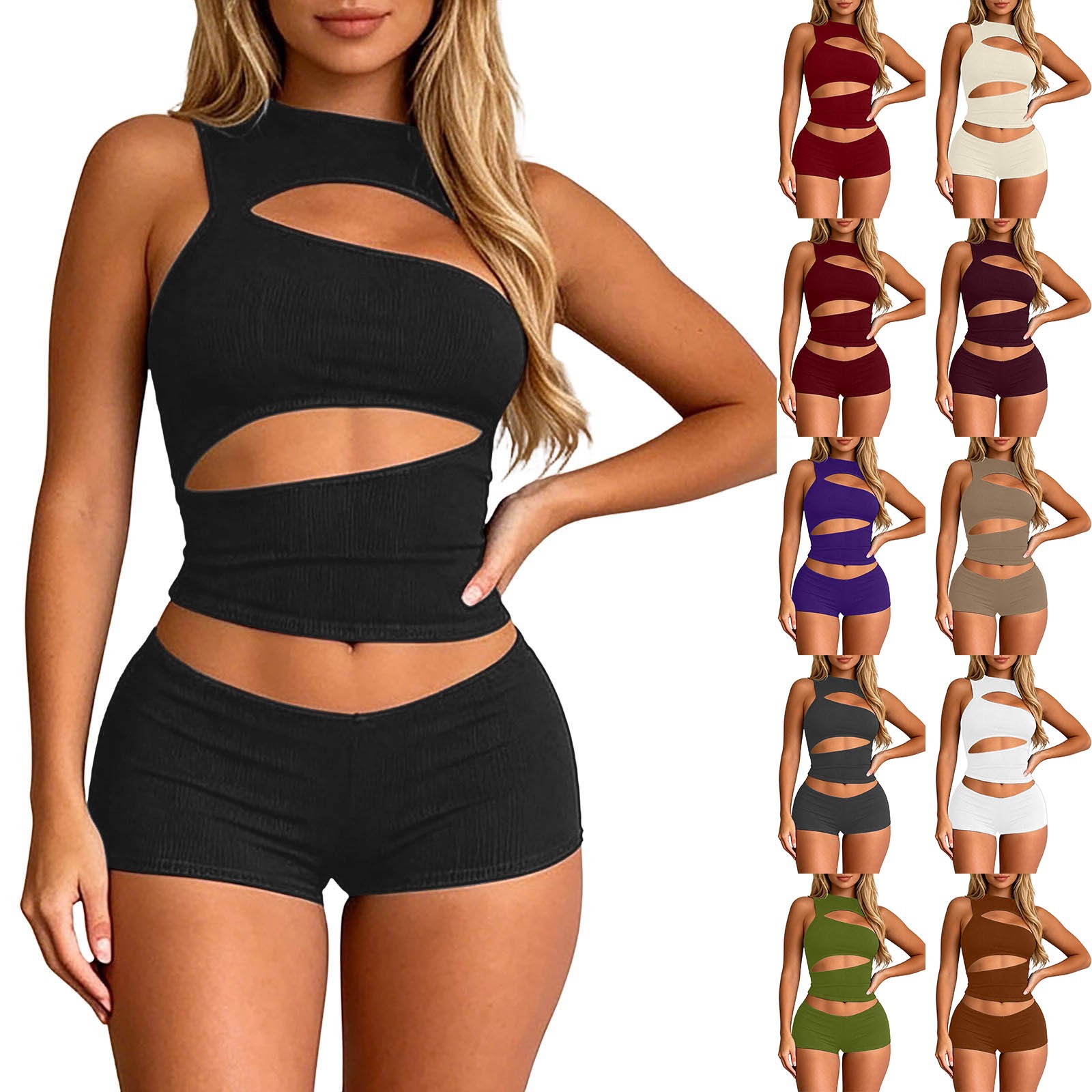Arlun Women S 2 Piece Outfits Sleeveless Crew Neck Cut Crop Top Bodycon Shorts Set Y2k Solid Color Stretchy Slim Fitted Summer Matching Sets Night Cl: Shop With Context