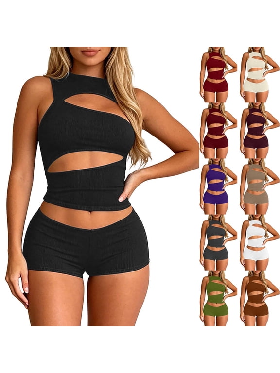 Women’s 2 Piece Outfits Sleeveless Crew Neck Cut out Crop Top Bodycon Shorts Set Y2k Solid Color Stretchy Slim Fitted Summer Matching Sets for Night out Club Party Wear Black S