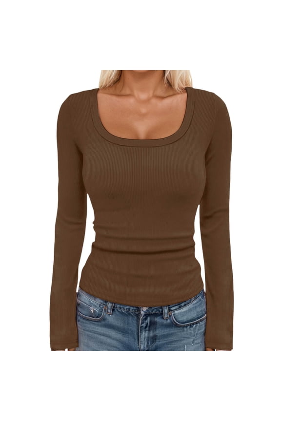 ,Women's Basic Ribbed Stretchy Tshirts Solid Color Square Neck Long Sleeve Slim Fit T Shirts Fall Fashion Casual Soft Comfortable Tops for Women Brown M