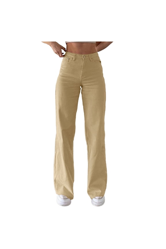 Women's Bell Bottom Jeans High Waisted Straight Leg Stretchy Y2k Pants Loose Wide Leg Casual Denim Pants Ladies Solid Color Loungewear Trousers Khaki XXL