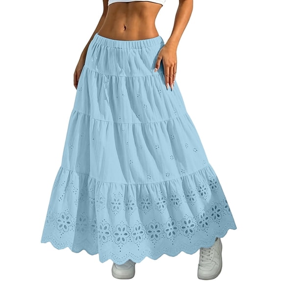 Arlun Women's Boho Eyelet Embroidery Maxi Skirts Elastic High Waist A-Line Summer Casual Beach Long Skirt Loose Fit Solid Color Ruffle Tiered Flowy Beach Vacation Skirts 2026 Light Blue one Size