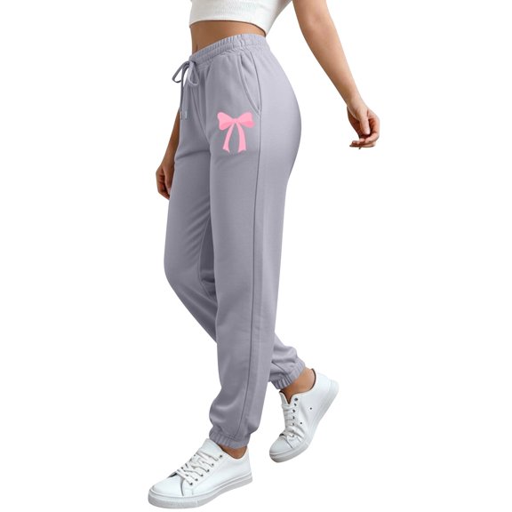 Arlun Women's Bow Printed Baggy Sweatpants Drawstring Stretchy High Waist Straight Wide Leg Cute Pants Lightweight Soft Comfy Solid Color Daily Casual Workout Trousers Grey4 XL