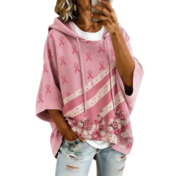 Arlun Women's Cancer Awareness Hoodies Pink Ribbon Stripes Flowers Graphic Print 3/4 Sleeve Oversized Sweatshirts Loose Casual Drop Shoulder Pullover Tops