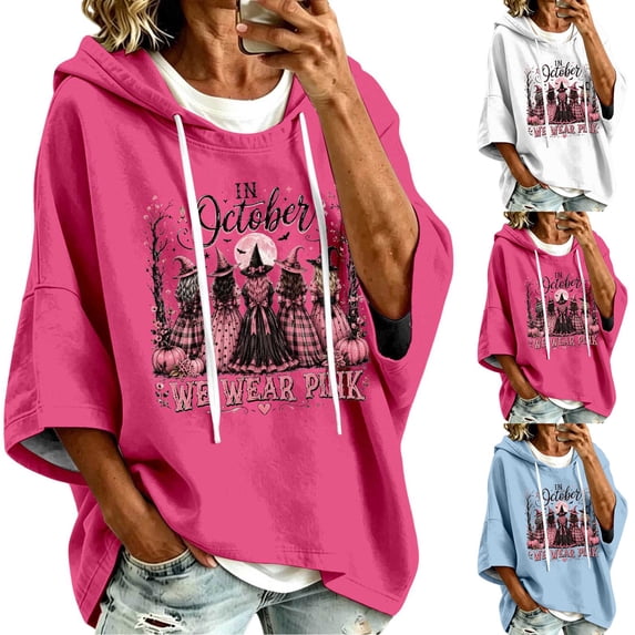 Arlun Women's Cancer Halloween Witch Print Hoodies in October We Wear Pink Hooded Sweatshirts Fall Oversized 3/4 Sleeve Loose Drop Shoulder Drawstring Pullover Top
