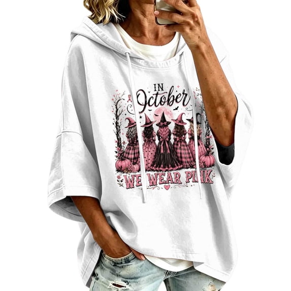 Arlun Women's Cancer Halloween Witch Print Hoodies in October We Wear Pink Hooded Sweatshirts Fall Oversized 3/4 Sleeve Loose Drop Shoulder Drawstring Pullover Top