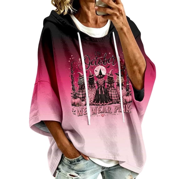 Arlun Women's Cancer Halloween Witch Print Hoodies in October We Wear Pink Hooded Sweatshirts Fall Oversized 3/4 Sleeve Loose Drop Shoulder Gradient Color Pullover Top